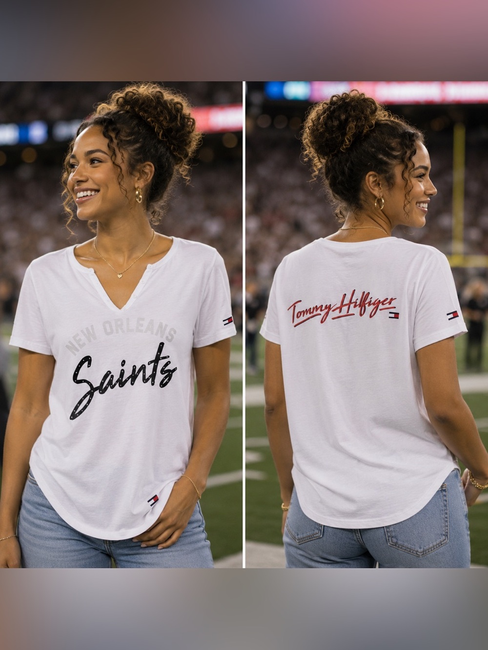 🆕 NWT Tommy Hilfiger New Orleans Saints Riley V-Neck Rhinestone Tee S, XL